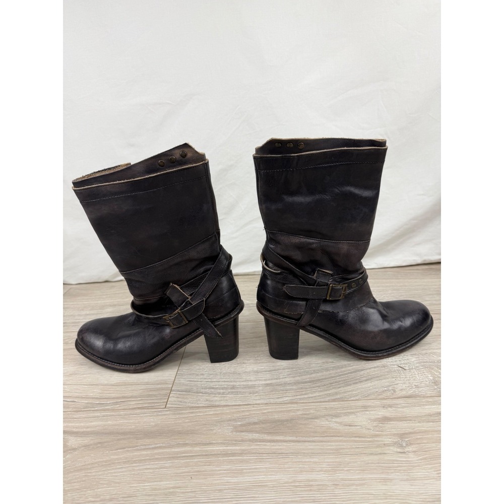 Bed Stu Manchester Black Leather Mid Calf Moto Boots Womens 9.5 Distressed Buckl